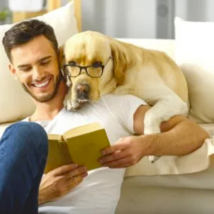 A Lab reads The Angels' share series by Mac Logan with his pal
